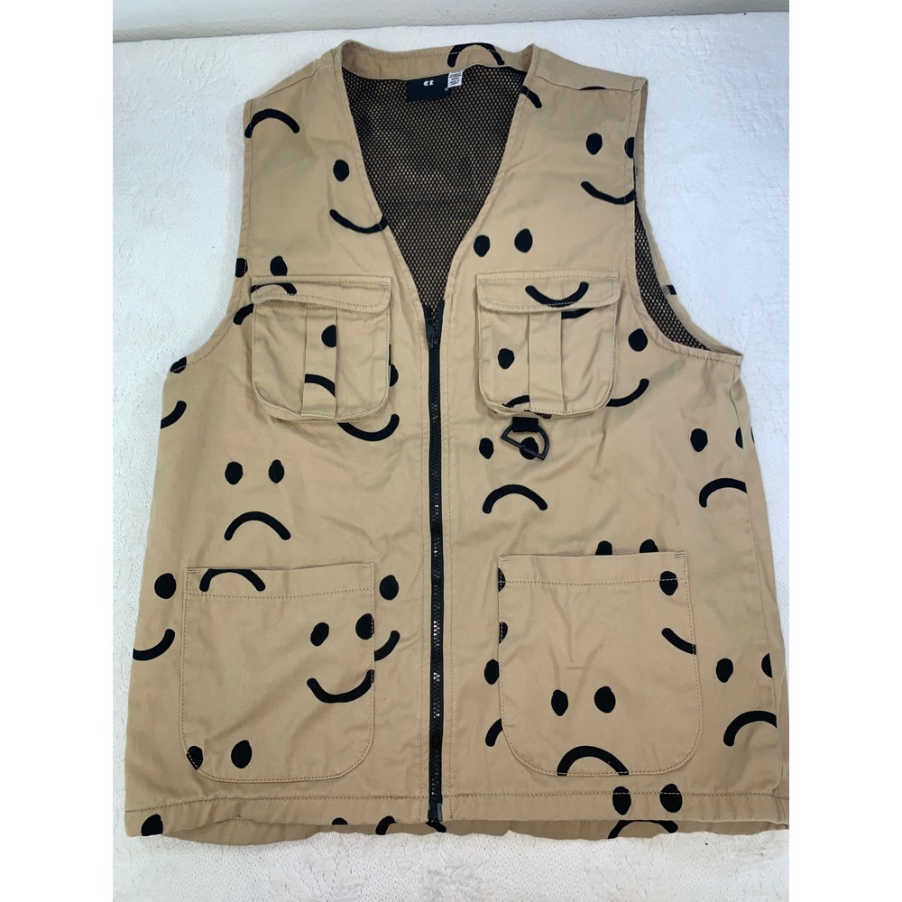 Lazy Oaf Happy Sad Utility Gilet Tan Multi Pocket Mesh Lined Vest Mens Medium